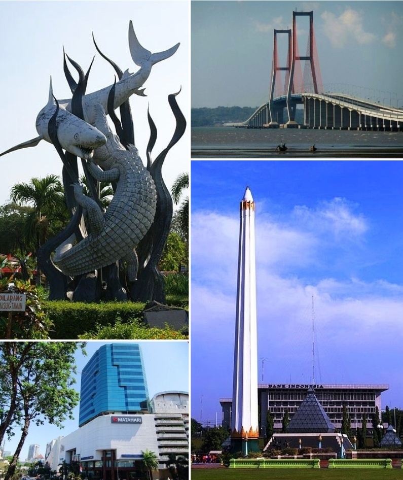 Ikon kota Surabaya, Patung Sura dan Baya, Monumen Pahlawan, Plaza Tunjungan, dan Jembatan Suramadu