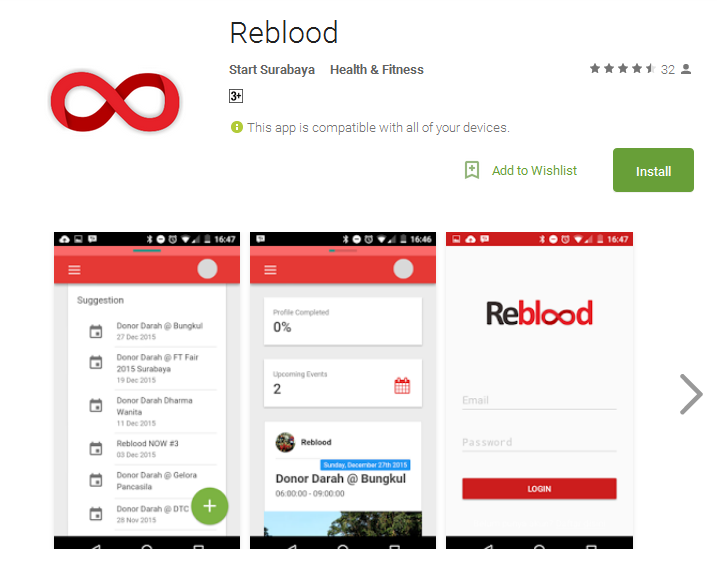 Tampilan aplikasi Reblood di Google Play