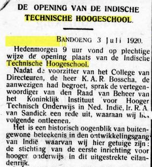 Potongan artikel surat kabar mengenai pembukaan Technische Hoogeschool di Bandung.