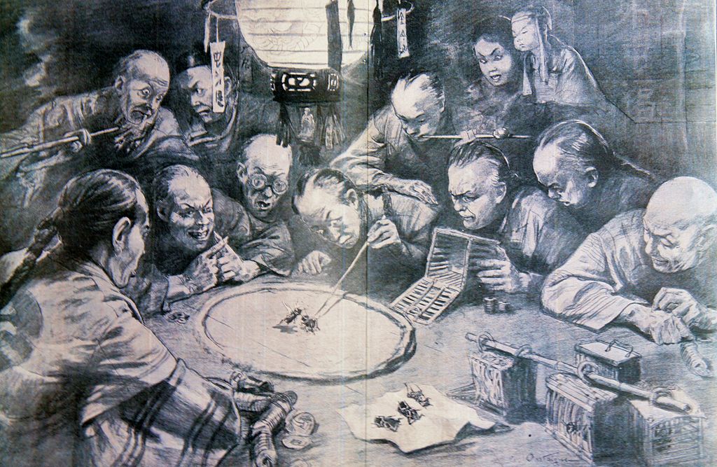 Ilustrasi adu jangkrik di Cina karya André Castaigne (1861-1929).
