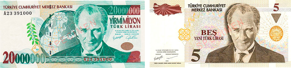 kiri: Turkish Lira, kanan: Yeni Turkish Lira