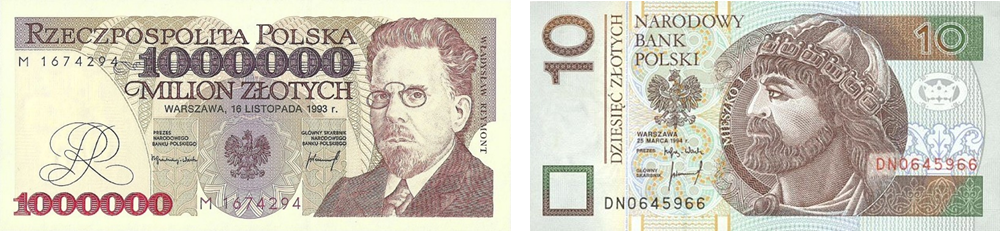 kiri: zloty lama (PLZ), kanan: zloty baru (PLN)