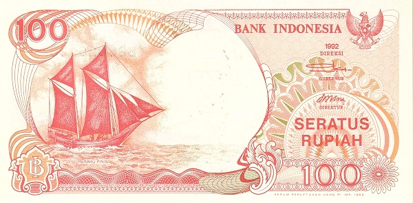 Uang pecahan Rp100 dengan gambar Kapal Pinisi. Sumber: Banknote.ws