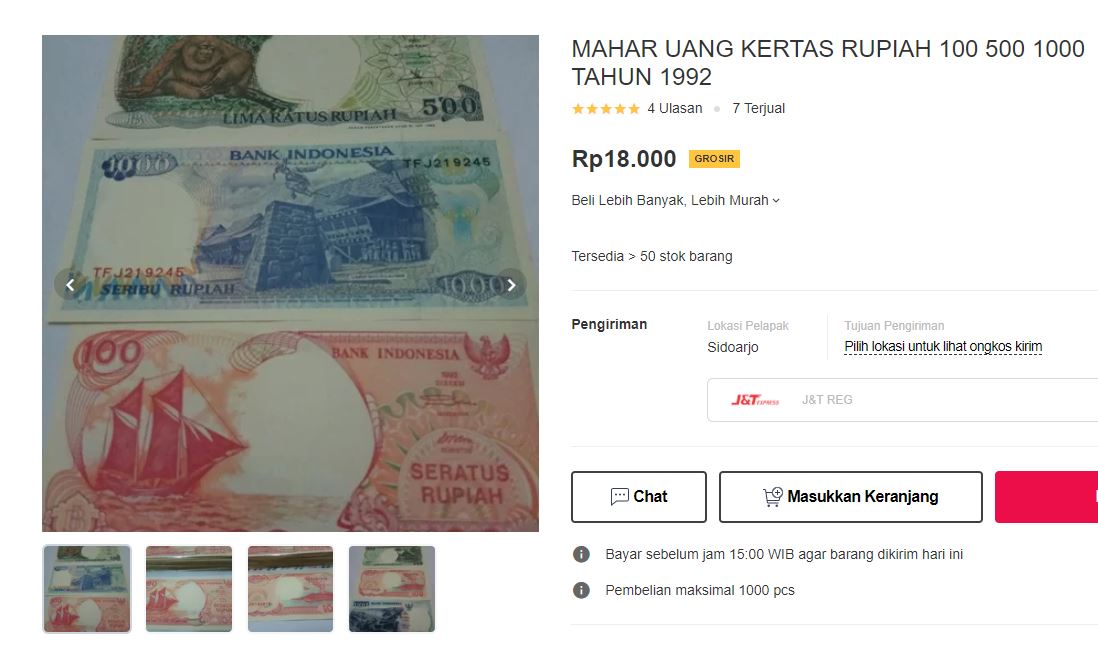 Contoh tiga uang pecahan Rp100, Rp500, dan Rp1000 yang dijual di toko online Bukalapak.