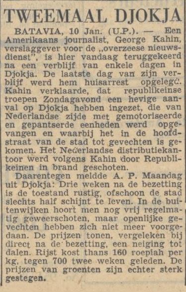 Sebuah artikel berbahasa Belanda yang melaporkan tentang peristiwa 9 Januari 1949 yang disaksikan George Kahin