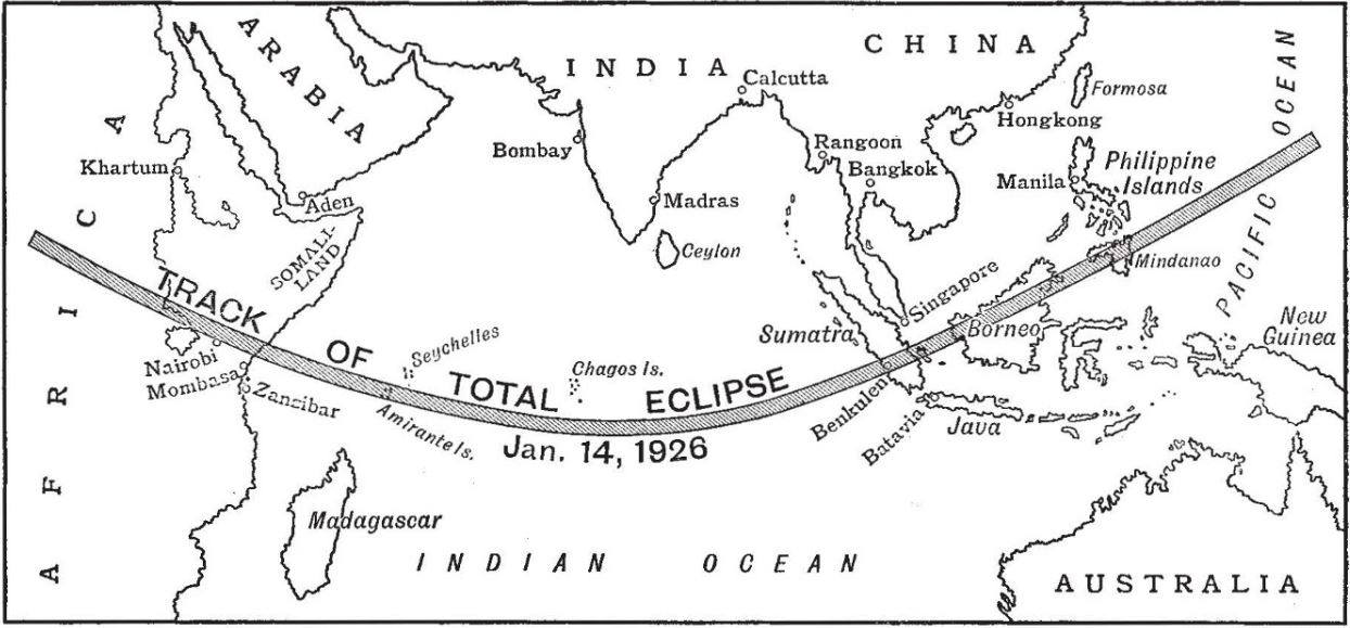 Peta pengamatan gerhana matahari total pada 14 Januari 1926. Peristiwa alam ini bisa disaksikan di Indonesia (Hindia Belanda) di wilayah Pulau Sumatra dan Kalimantan.