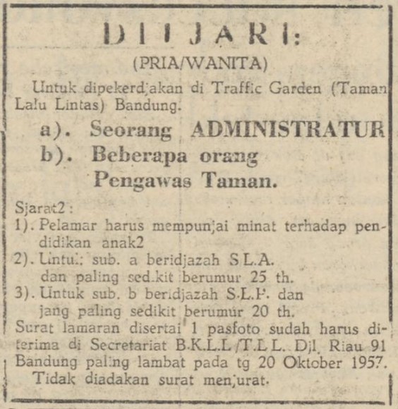 Bukanya taman rekreasi Taman Lalu-lintas menjadi ladang peruntungan bagi para pencari kerja. Sumber: Algemeen Indisch Dagblad: De Preangerbode, 10 Oktober 1957