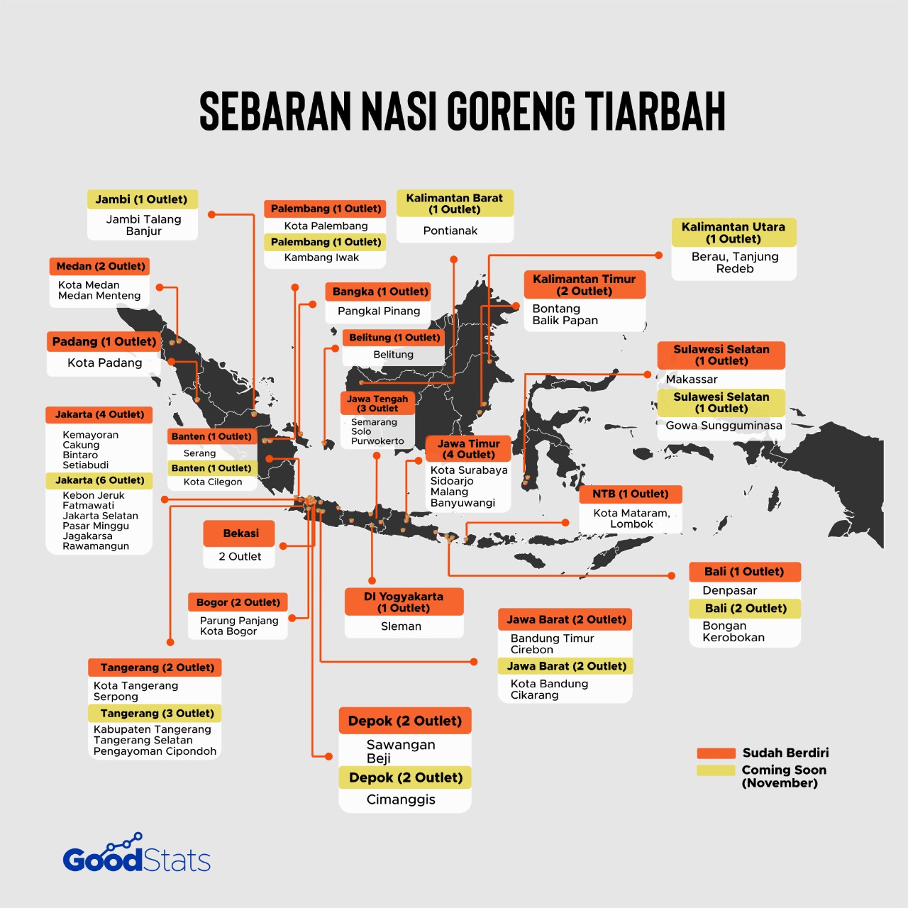 Sebaran Kemitraan Nasi Goreng Tiarbah. | Mapgrafik : GoodStats/Hannah