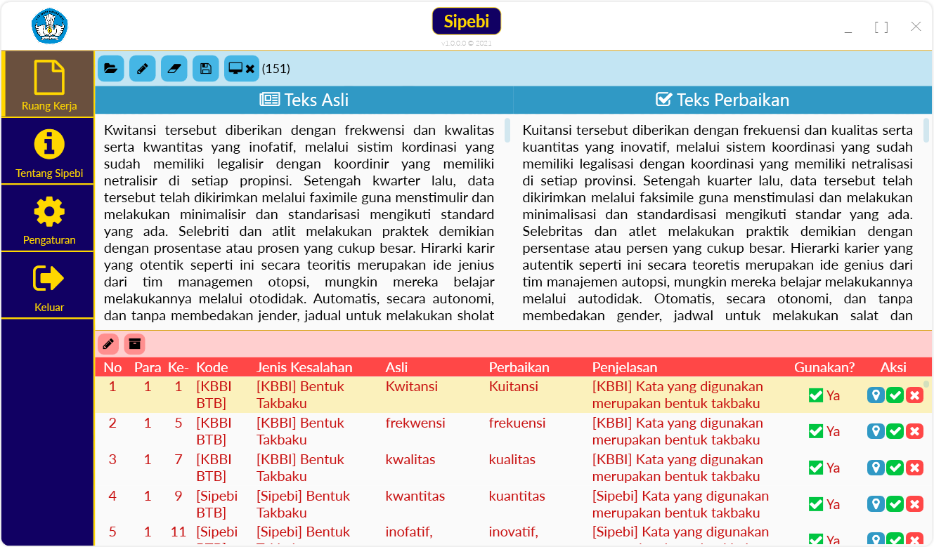 Ilustrasi halaman analisis teks perbaikan di aplikasi Sipebi. | Sumber: KBBI Daring