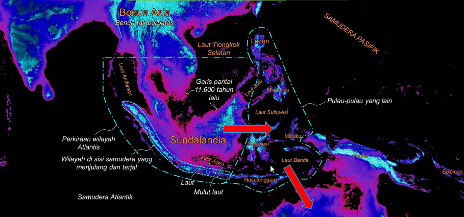 Peta dunia 11.600 tahun, Pulau Kalimantan, Jawa dan Sumatera masih terhubung dalam satu daratan, disebut Sundalandia. Sumber : Dhani Irwanto