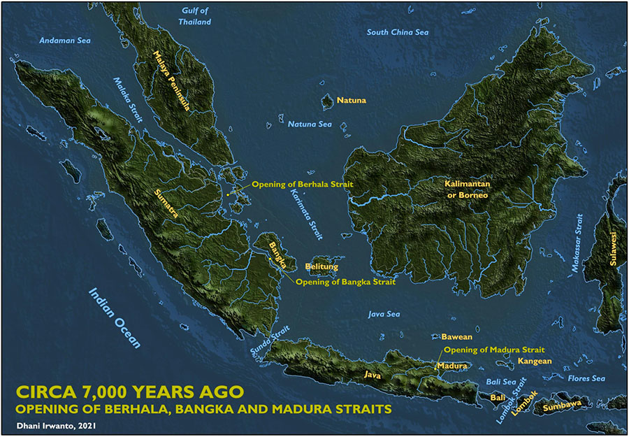 Terbentuknya Selat Bangka sekitar 7.000 tahun lalu. Peta: Dhani Irwanto