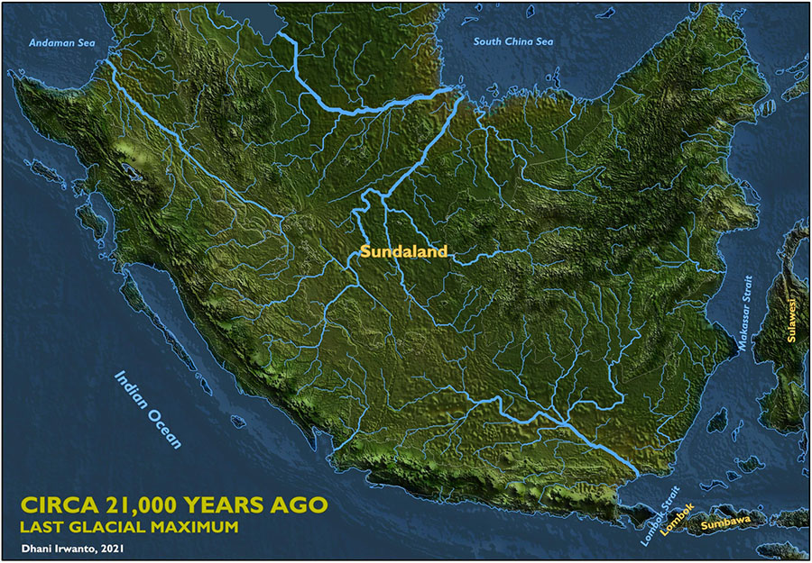 Bangka di masa Sundaland merupakan hulu sejumlah sungai yang mengalir ke Natuna, Selat Sunda, dan Madura. Peta: Dhani Irwanto