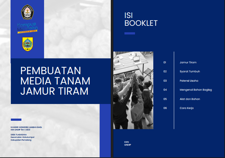 Mini booklet Pembuatan Media Tanam Jamur Tiram yang disusun oleh mahasiswa. Menampilkan visual yang menarik perhatian pembacanya.