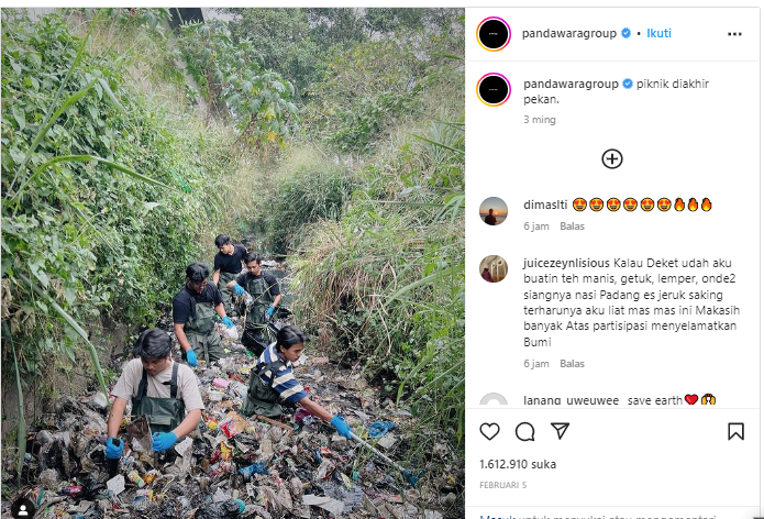 Pembersihan sampah di lingkungan alam oleh komunitas di Bandung | Sumber: Instagram @pandawaragroup