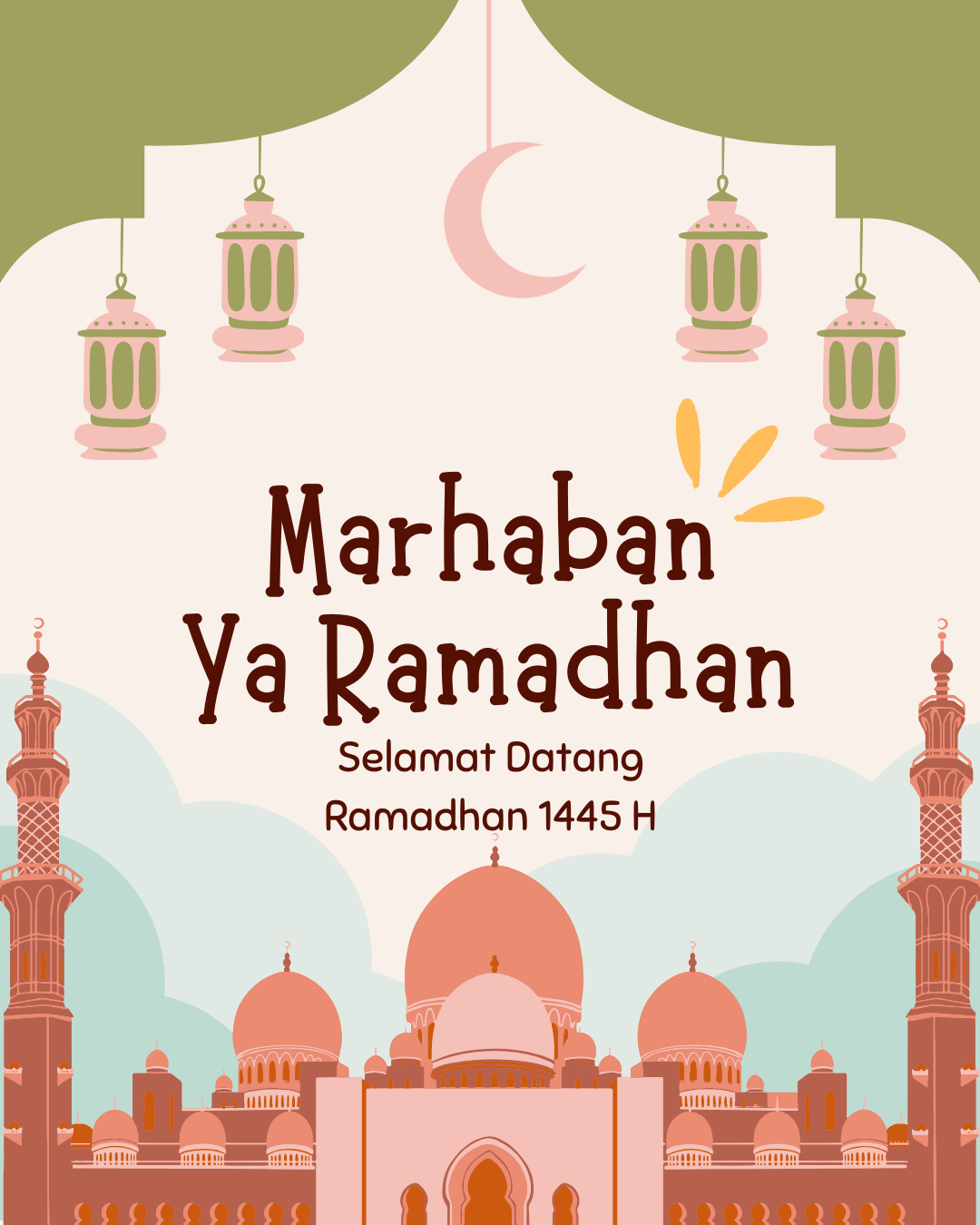 poster ramadhan anak TK dan SD 1445 H gambar masjid warna pink