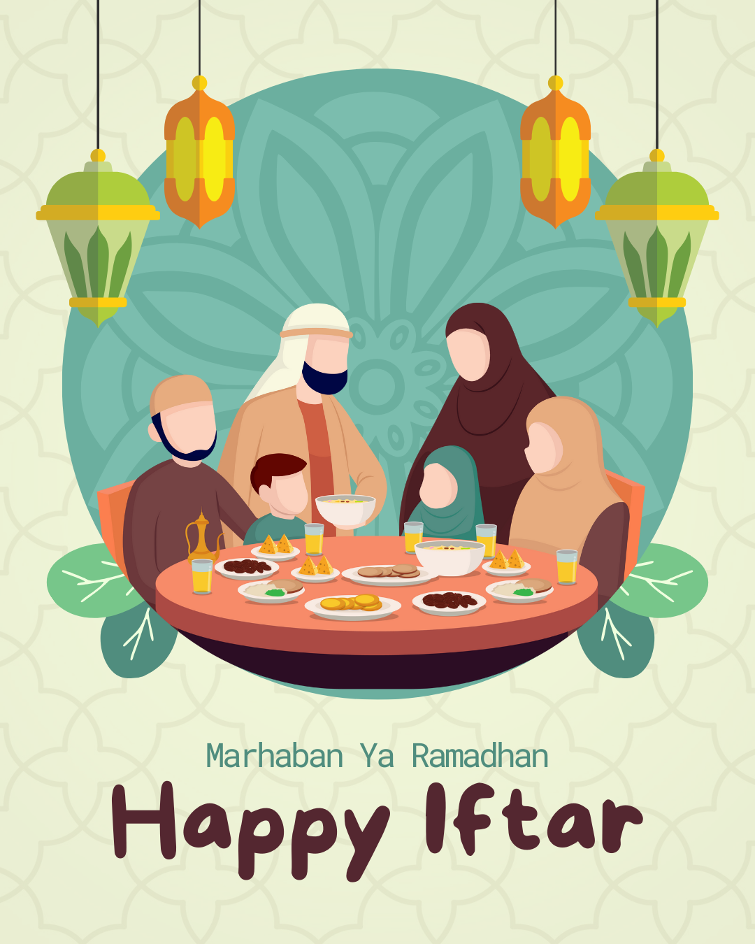 poster ramadhan anak TK dan SD gambar happy iftar berwarna hijau