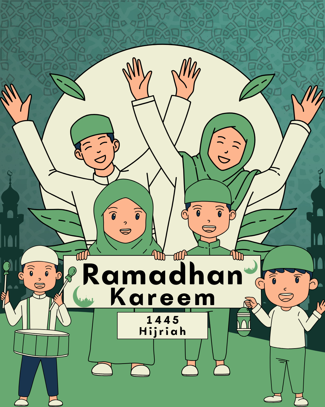 poster ramadhan anak TK dan SD 2024 Keluarga Bahagia Berwarna Hijau
