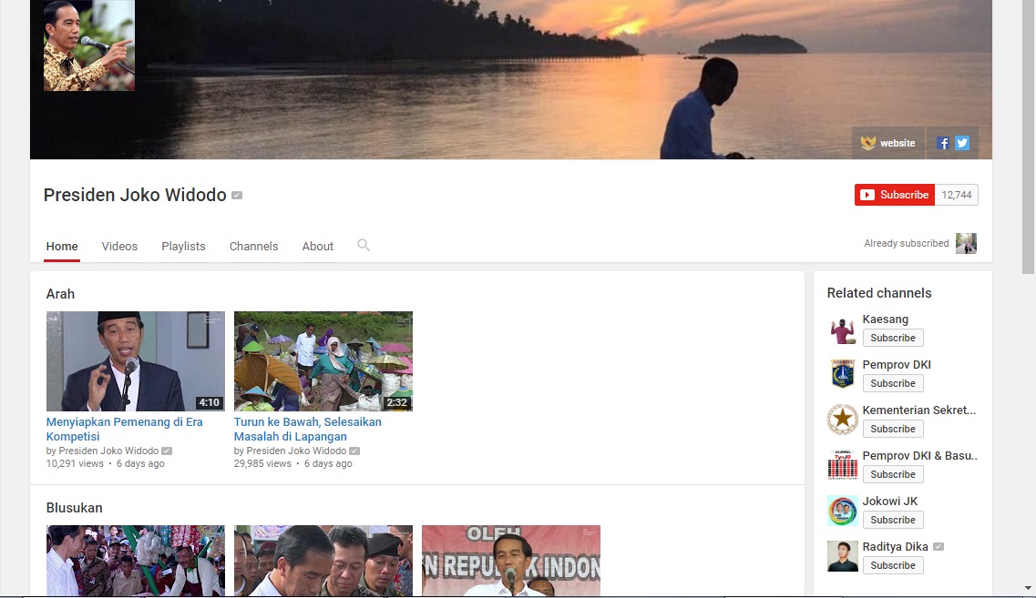 laman akun YouTube Presiden Joko Widodo
