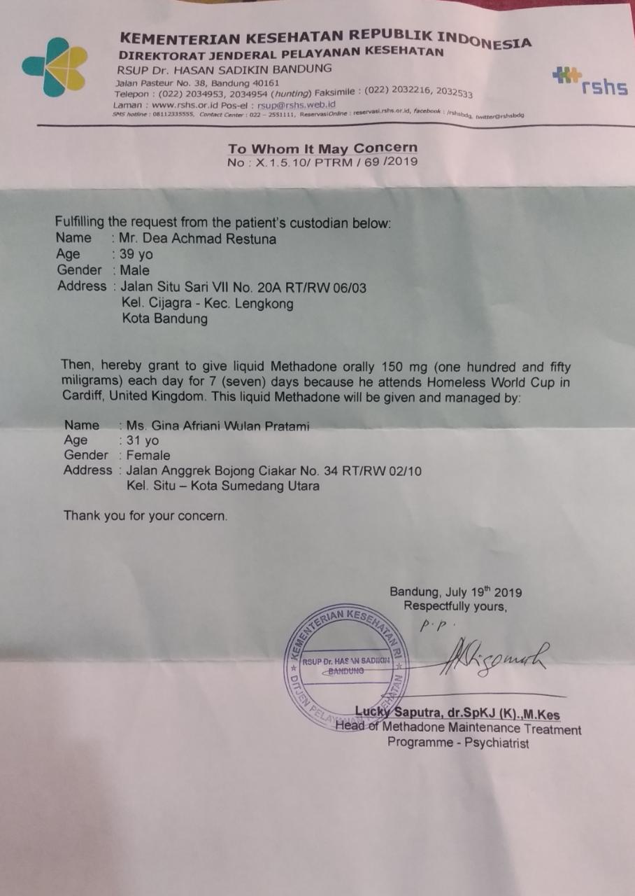 Surat dari RSHS untuk pemberian metadon bagi Dea Achmad Restuna, pemain HWC 2019 | Foto: Dok. Rumah Cemara