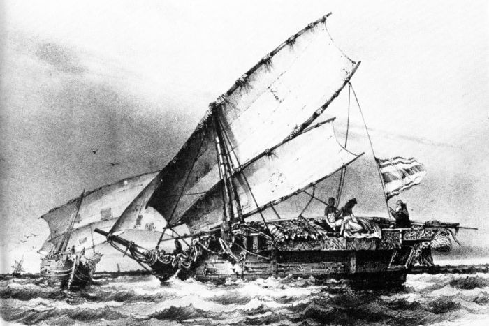  Kapal yang dipakai oleh para pelaut Makassar di lepas panta Raffles bay dekat Semenanjung Coburg, dilukis oleh L. Bretton pada 1839 ( Campbell Macknight) 