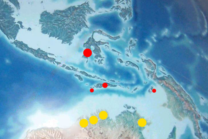 Makassar, titik merah besar, : Rote, Timor, and Aru, titik merah kecil.Tiga titik kuning : Kimberley satu titik kuning: Arnhem Land