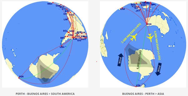 Peta rute penerbangan antar-kutub Indonesia-Australia-Argentina. Gambar di atas adalah properti Kamar Dagang Argentina di Australia. @ArChamComAu
