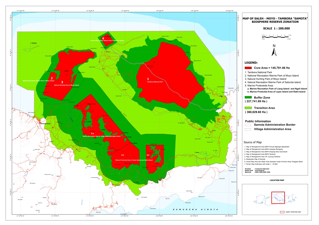 Peta cagar biosfer Samota. Ia meliputi tiga kabupaten,yaitu Kabupaten Sumbawa, Dompu, dan Bima | Foto: Dinas LHK Provinsi NTB/Mongabay Indonesia