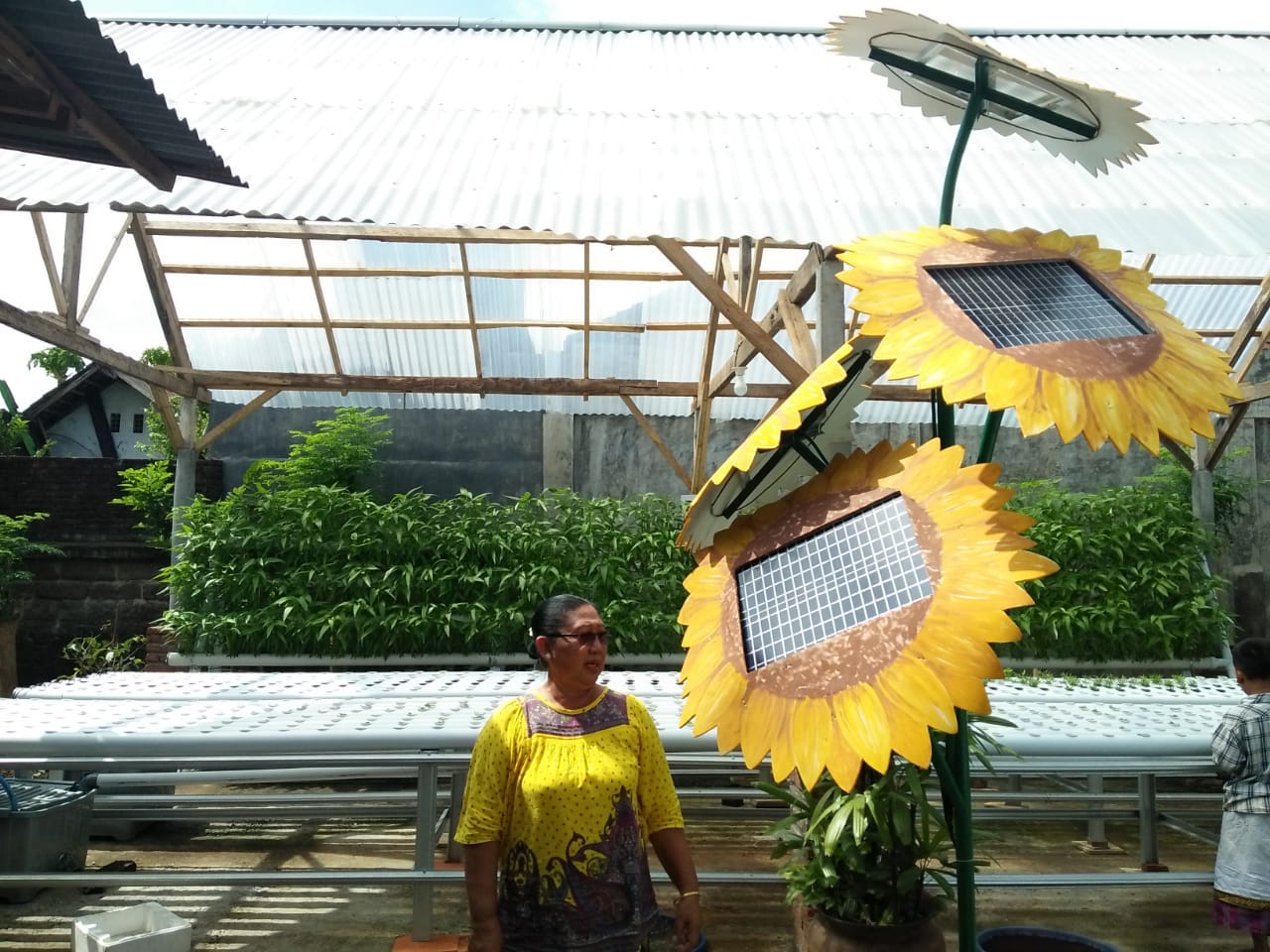 Rangkaian panel surya yang dibentuk seperti bunga matahari sebagai sumber energi penggerak pompa irigasi hidroponik | Foto: Luh De Suriyani/Mongabay Indonesia
