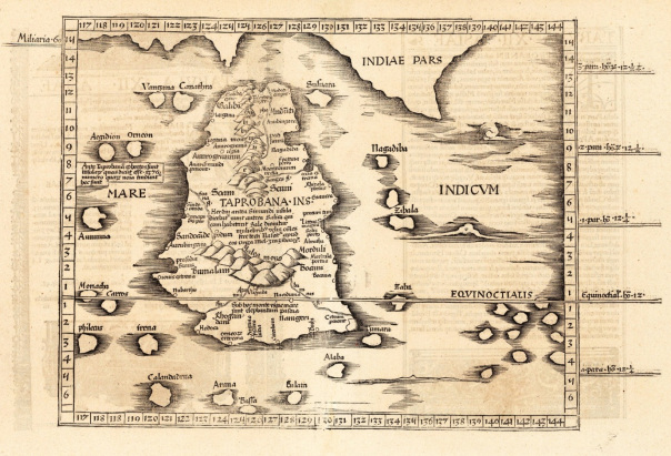Taprobana versi Srilanka berdasarkan Ptolemy di publikasikan di Cosmographia Claudii Ptolomaei Alexandrini, 1535 (Foto: Atlantisjavasea.com)